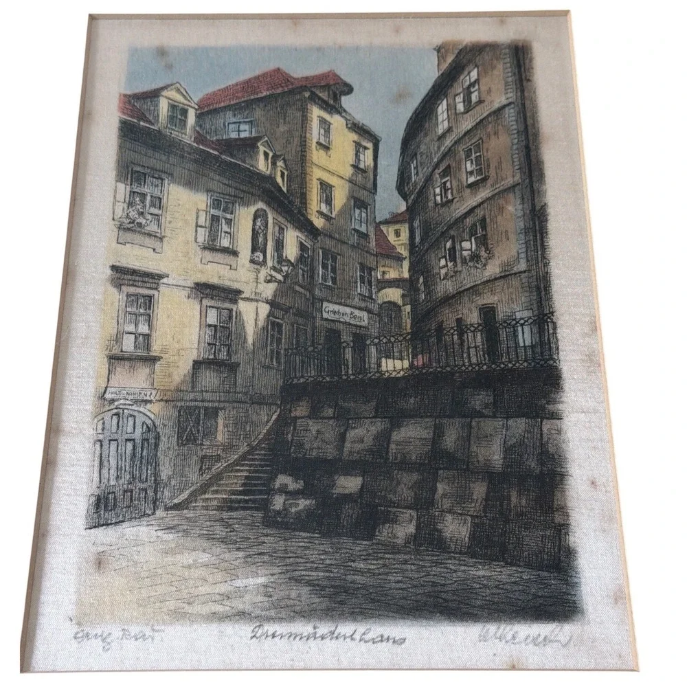 Vintage Signed European Etching Framed Wall Art Set of 3 Gold Frames Estate Find